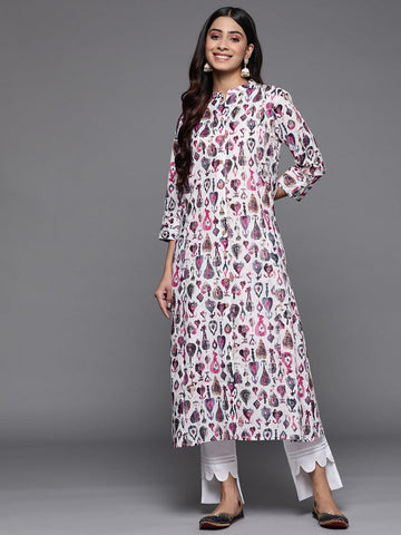 Varanga Off White And Pink Women Printed Mandarin Collar Gotta Patti Kurta