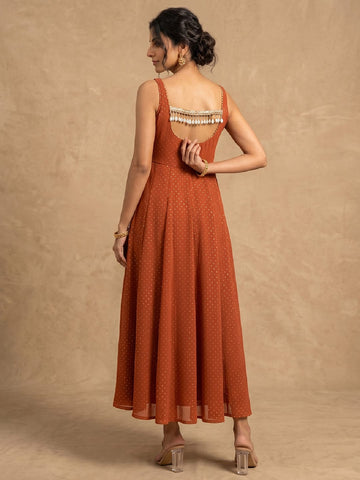 Rust Orange Golden Polka L-Print Sleeveless Anarkali Dress
