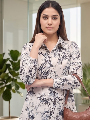 Cream Coloured Slim Collar Long Sleeves Floral Shirt