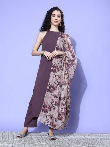 Purple Halter Neck Straight Kurta Paired With Tonal Bottom And Printed Dupatta