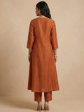 Rust Orange Embroidered Kurta Set With Metallic Striped Dupatta