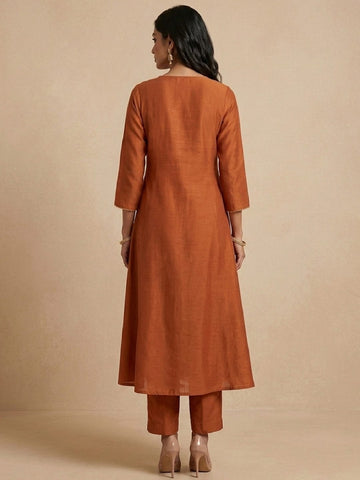 Rust Orange Embroidered Kurta Set With Metallic Striped Dupatta