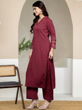 Varanga Women Maroon V Neck, Three Quater Sleeves With Tonal Cotton Lace Straight Kurta Paired With Tonal Bottom