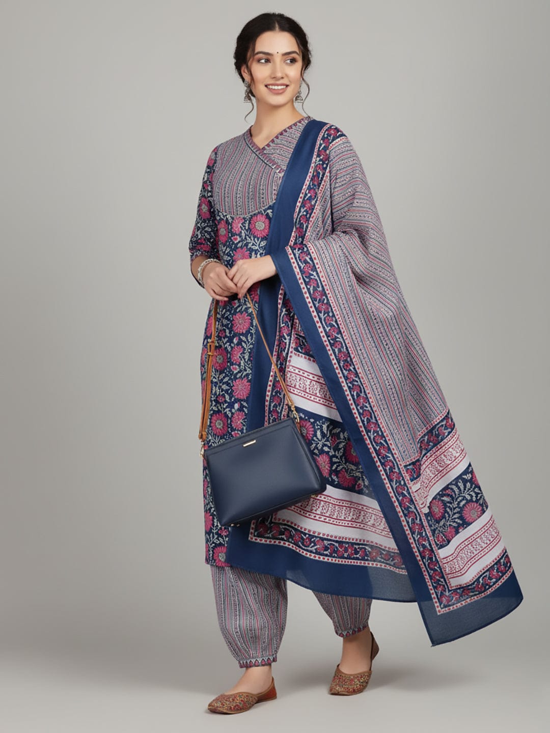 Varanga Women Ethnic Floral Printed V Neck Kurta With Stripper Trouser & Dupatta
