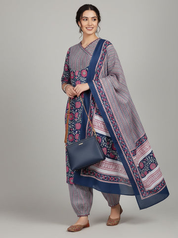 Varanga Women Ethnic Floral Printed V Neck Kurta With Stripper Trouser & Dupatta