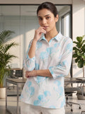 White-Blue Coloured Slim Collar Long Sleeves Floral Shirt