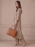 Women Brown Striped Shirt Collar Kurta Set