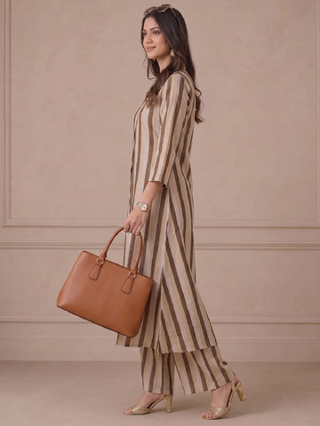 Women Brown Striped Shirt Collar Kurta Set