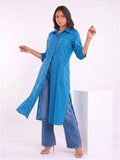 Blue Shirt-Style Kurta Elevated With Chic Contrast Stitch Detailing.
