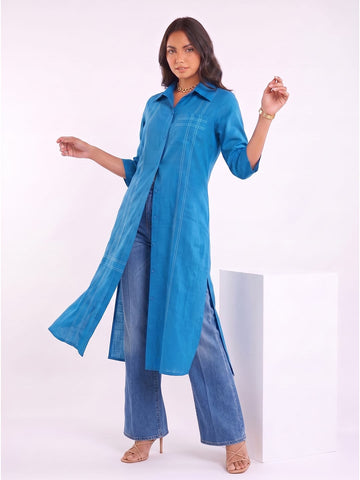 Blue Shirt-Style Kurta Elevated With Chic Contrast Stitch Detailing.
