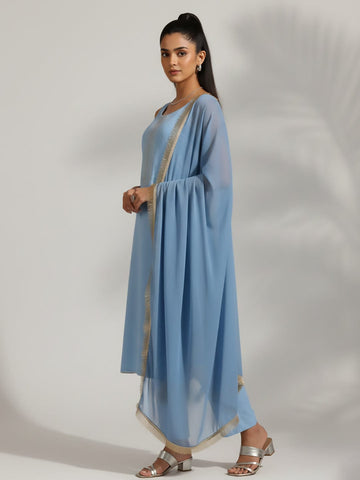 Varanga Women Blue Straight Kurta With Tonal Bottom & Dupatta