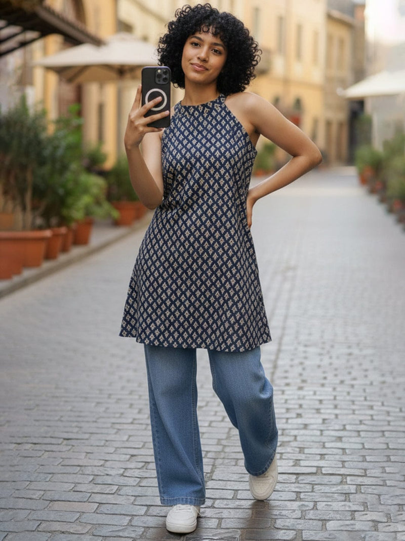 Varanga Navy Blue Stylish Open-Back Short Kurti with Ajrakh Print