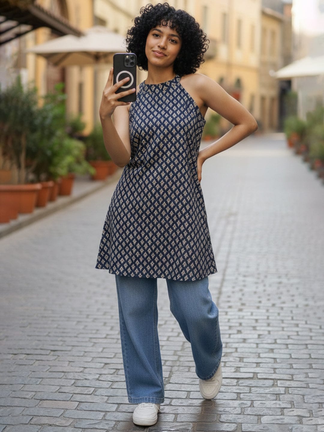 Varanga Navy Blue Stylish Open-Back Short Kurti with Ajrakh Print