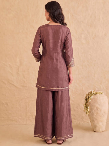 Brown Embroidered Kurta With Palazzo And Dupatta.