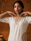 Women's Beige Kurta Set Embroidered V-Neckline And Side-Pocket