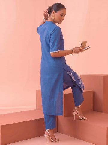 Women'S Blue Floral Embroidery Straight Kurta With Trousers Co-Ord Set