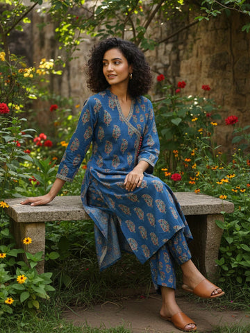 printed angrakha-fit kurta set mandarin-collar kurta with three-quarter sleeves, paired with a straight-fit trouser