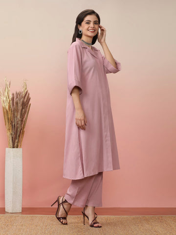 Varanga Women Pink Shirt Collar Neck A-Line Kurta Paired With Tonal Bottom