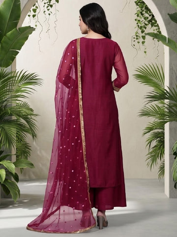 Varanga Women Fuchsia Lace Embellished Sleeveless Straight Kurta Paired With Tonal Plazzo And Dupatta