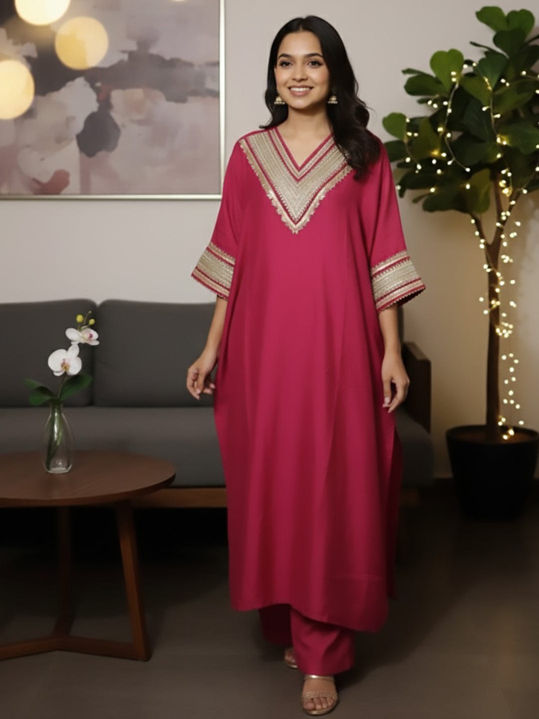 Zari Embroidered Lace Neck Flared Kaftan with Trouser