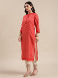 KSUT Red And Cream Bandhej Printed Straight Kurta With 3/4Th Sleeves.