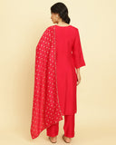 Varanga Women coral embroidered straight kurta paired with tonal bottom and dupatta