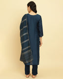varanga women blue embroidered straight kurta paired with tonal bottom and dupatta