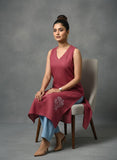 Sleeveless Solid Kurta with V-Neck and Subtle Floral Embroidery