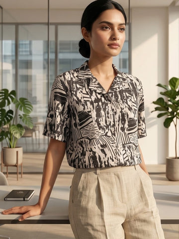 Black Coloured Short Sleeves Shirt Collar Top