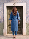 Womens Embroidered Blue Notch-Neck Kurta & Straight Pant Set