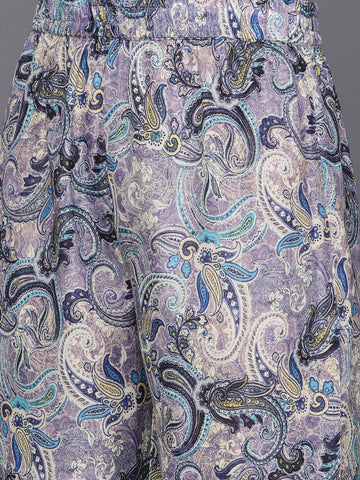 KSUT Women Lavender Paisley Printed Mandarin Collar With Slit Straight Kurta With Three Quarter Sleeves With Cuff Straight Kurta Paired With Tonal Bottom