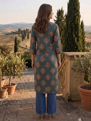 Women Teal Ethnic Motif Printed Straight Kurta