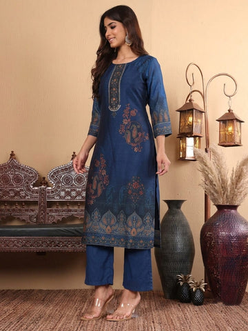 Varanga Women Ethnic placement Printed Chanderi Silk Kurta with Palazzos & Dupatta