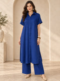 Navy Solid Shirt Collar Kurta Set