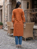 Rust Straight Kurta with Embroidered Yoke