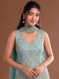 Sea Blue Embroidered Kurta Set Featuring Zari And Sequin Work With A Matching Flared Palazzo And Embellished Dupatta