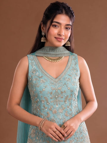 Sea Blue Embroidered Kurta Set Featuring Zari And Sequin Work With A Matching Flared Palazzo And Embellished Dupatta