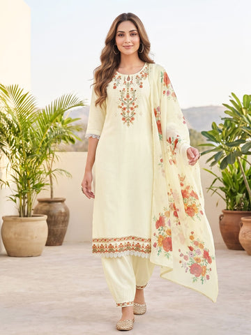 Varanga Women Floral Motif Thread Embroidered Yoke Kurta with Trouser & Dupatta