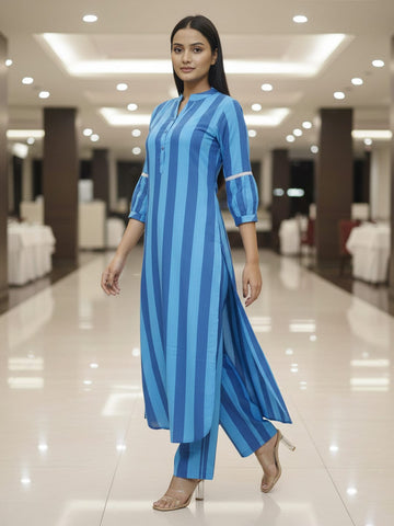 Aqua Blue Vertical Stripe Kurta Set