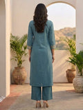 Women Floral Embroidered Blue A-Line Kurta Set