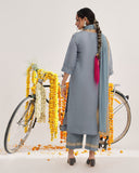 Varanga Women Grey Embroidered Kurta Set With Dupatta