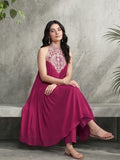 Varanga Women Fushcia Embroidered Sleeveless Flared Kurta Paired With Tonal Bottom