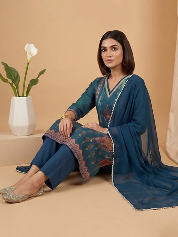 Varanga Women 3-Piece Blue Ikat-Printed Kurta Set With Solid Trousers And A Lace-Trimmed Dupatta