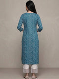 Varanga Women Turqoise Blue Bandhani Print Gotta Embellished Straight Kurta With Three Quarter Sleeves