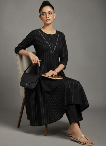 Varanga Women Black Lurex Crepe Anarkali Kurta With Trousers.
