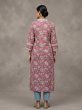 Varanga Women Pink Floral Printed V- Neckline Lace Detailed Stright Kurta