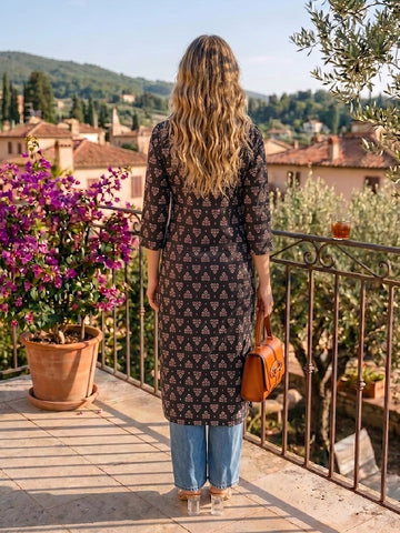 Women Black Ethnic Printed Straight Kurta with Lace Detail