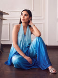 Ombere Blue V Halter Neckline Set And Flowy Wide-Leg Pants