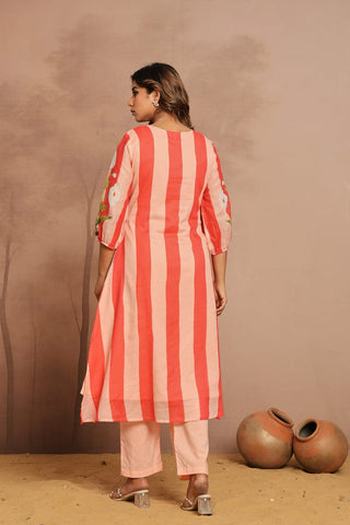 Peach & Red Botanical Kurta Set