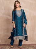 Kurta With Intricate Zari-Embroidered Yoke Is Paired With Ankle-Length Solid Trousers And A Matching Zari-Accented Dupatta
